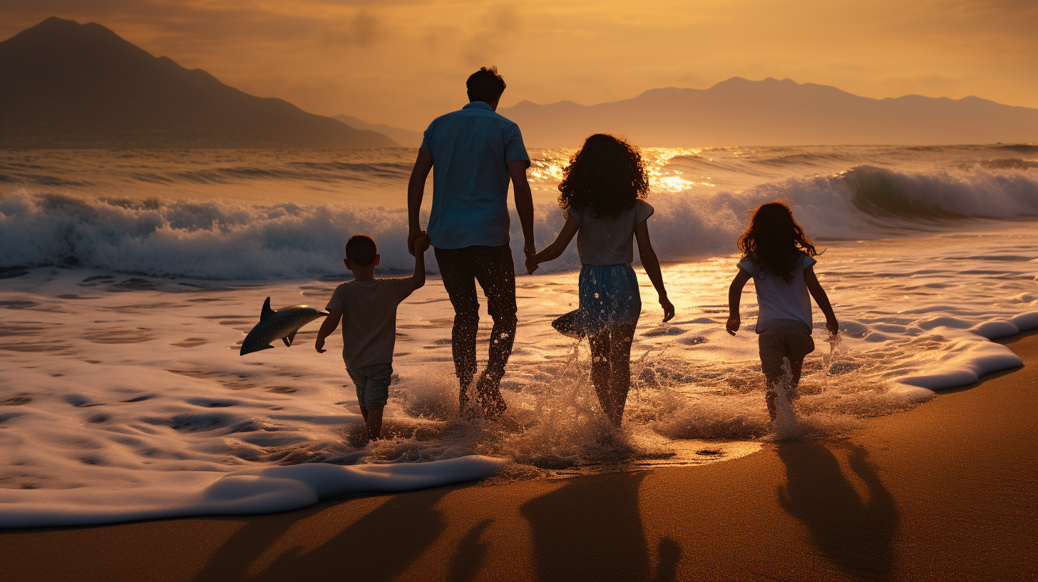 Family walking along the sea shore