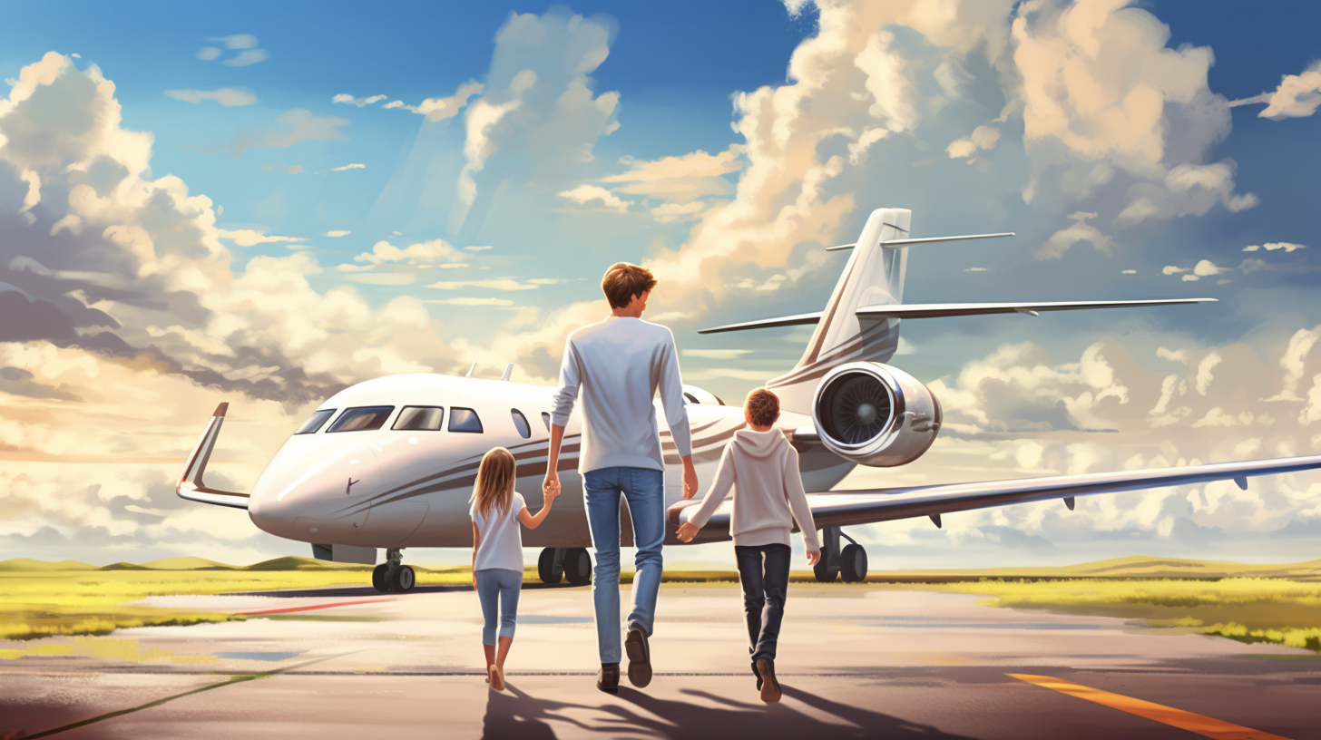 Family walking up to private jet