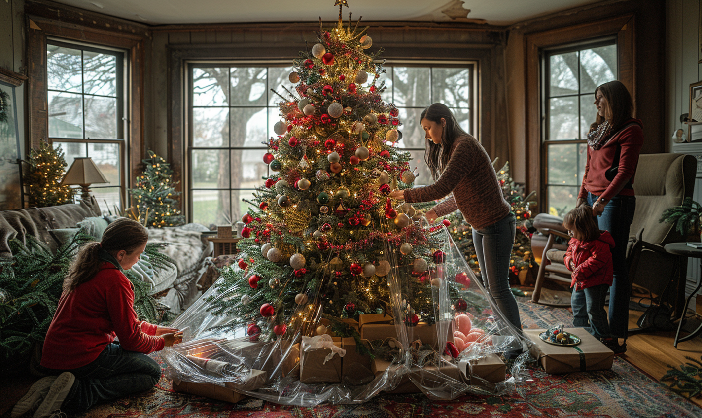 Family wrapping ornaments Christmas tree