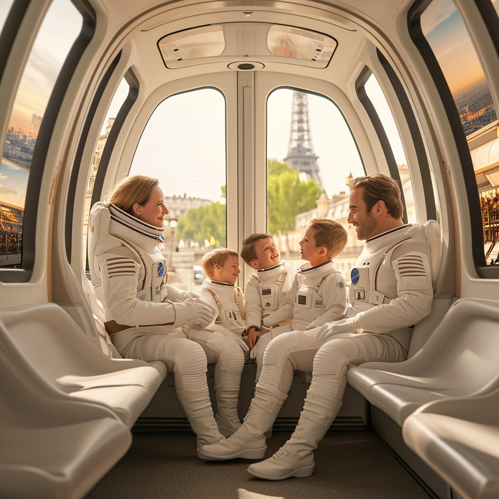 Family of Four Astronauts in Modern Train Paris