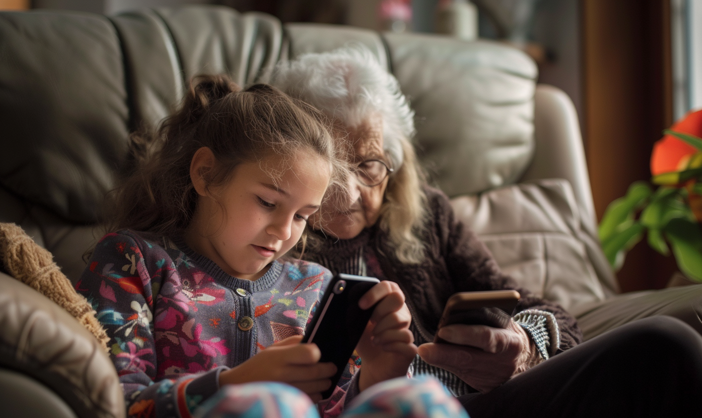 Younger family member teaching elderly person smartphone