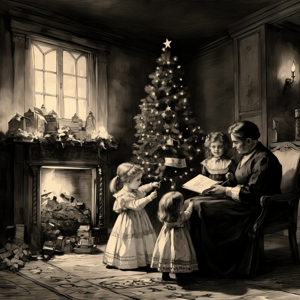 Engraving sketch of family around Christmas tree