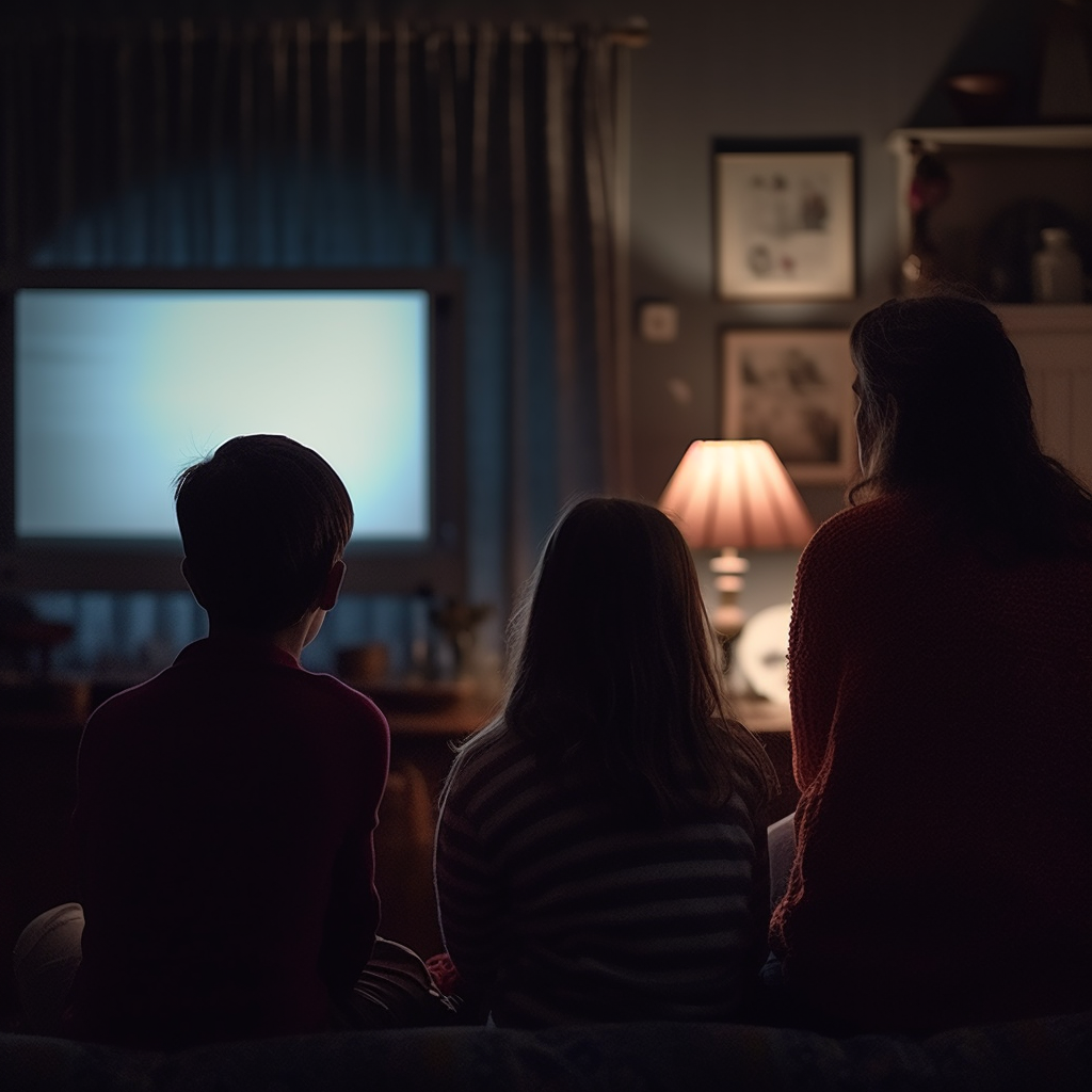 Family enjoying TV together at night