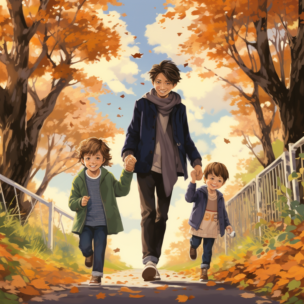 Smiling family walking among fallen leaves