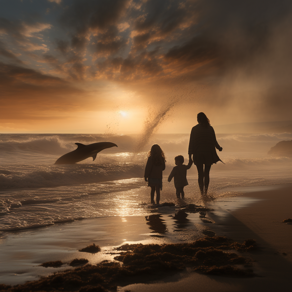 Family walking along the seashore with crashing waves