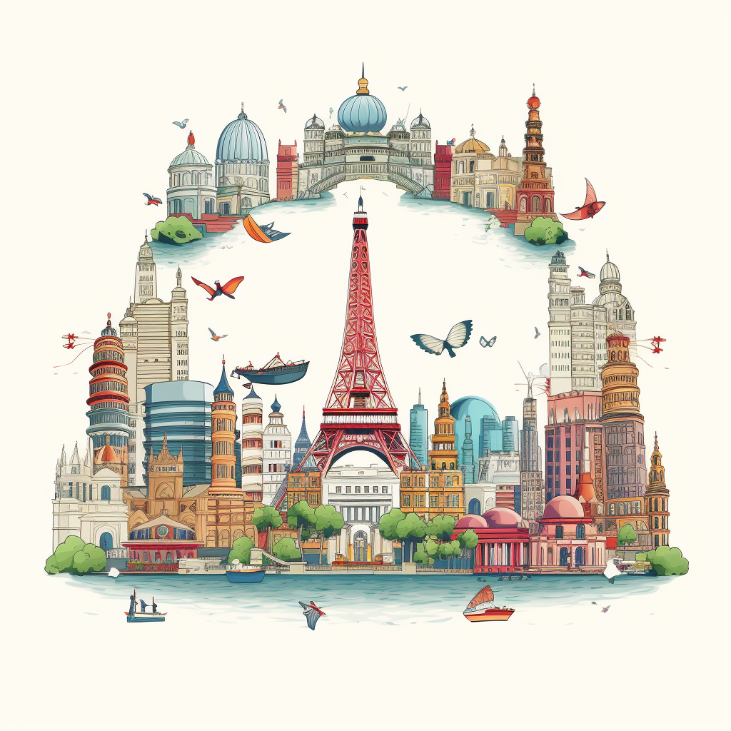 Cute doodle icons of famous landmarks