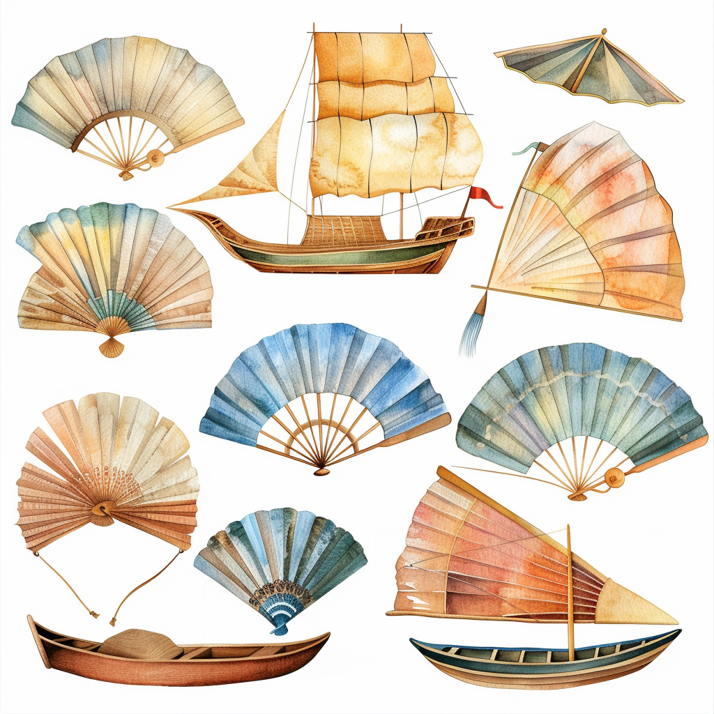 Watercolor Fan Boat Clipart Set