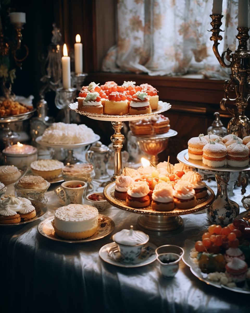 Decadent cakes and pastries on a fancy table