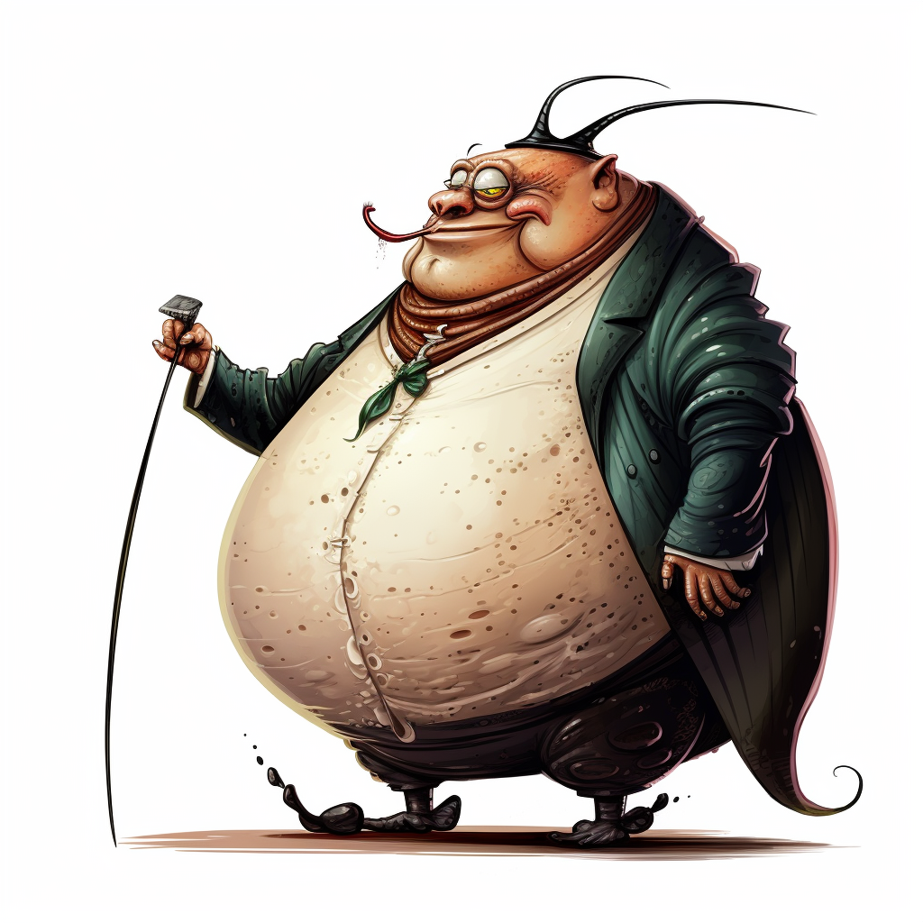 Illustration of a slimey and scary fancy obese insect man with a cane