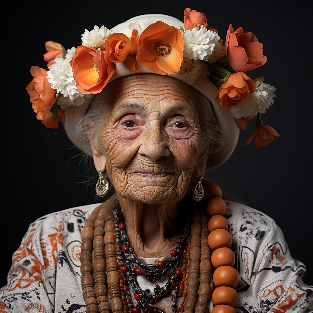 Elegant old woman wearing a fancy white hat and wilted flower