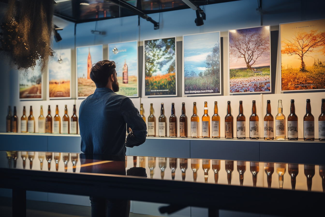 Woman in fancy design studio with beer bottle posters