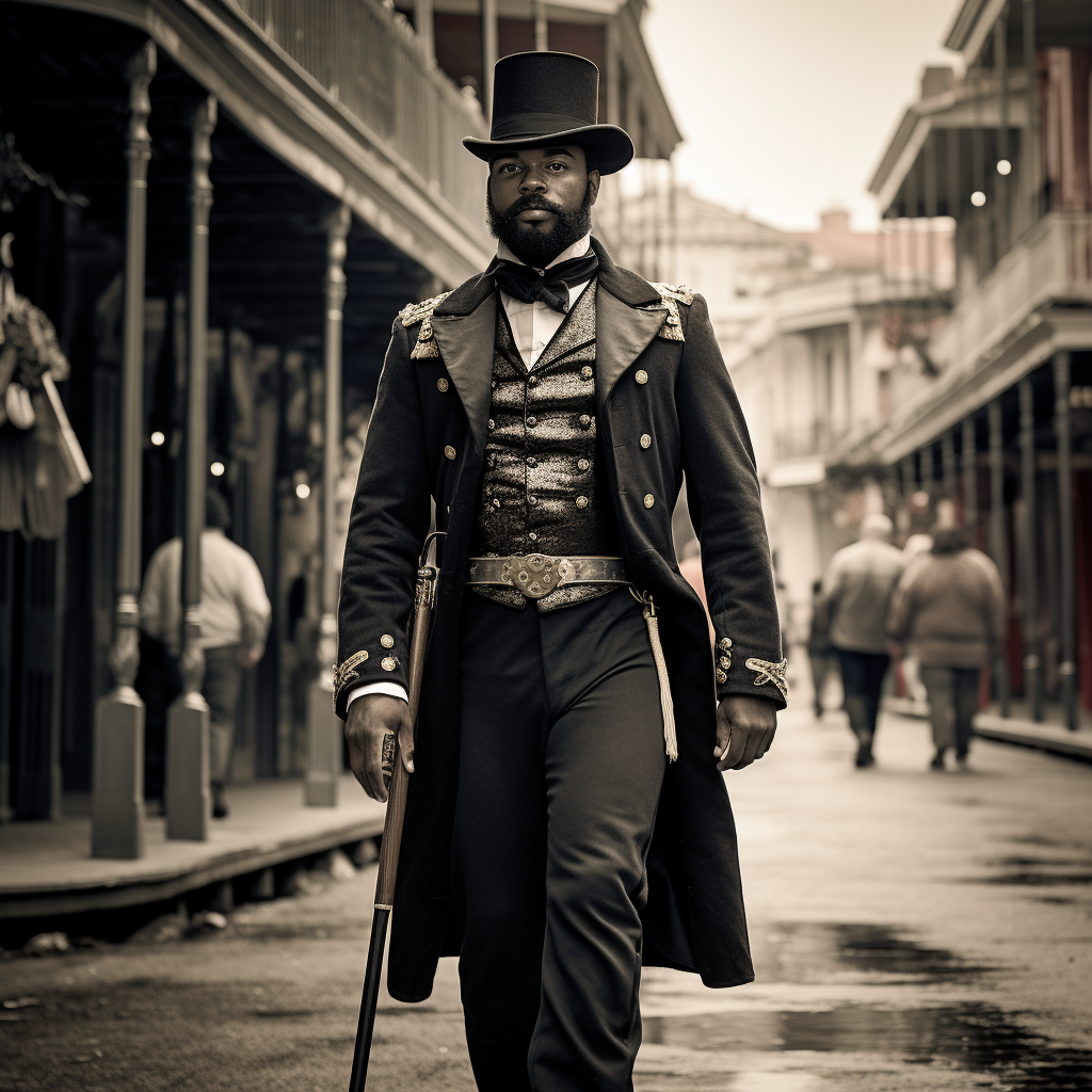 Fancy dressed sheriff on 1850s Bourbon Street