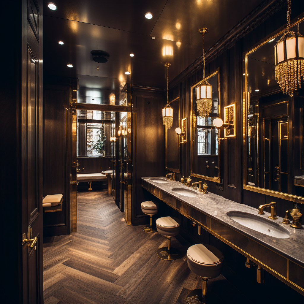 Fancy restaurant bathroom with gray wooden stalls