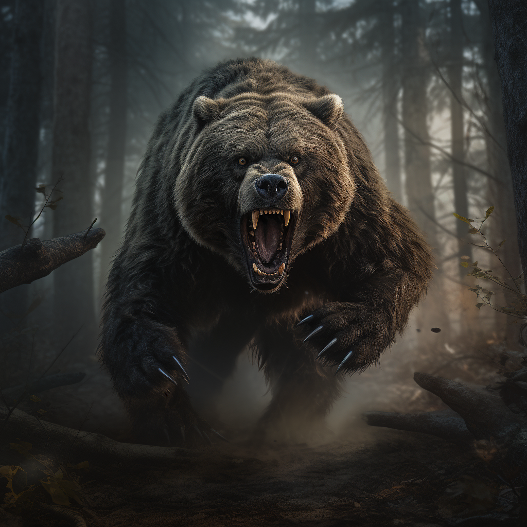 Terrifying fantasy aggressive grizzly bear in German woods