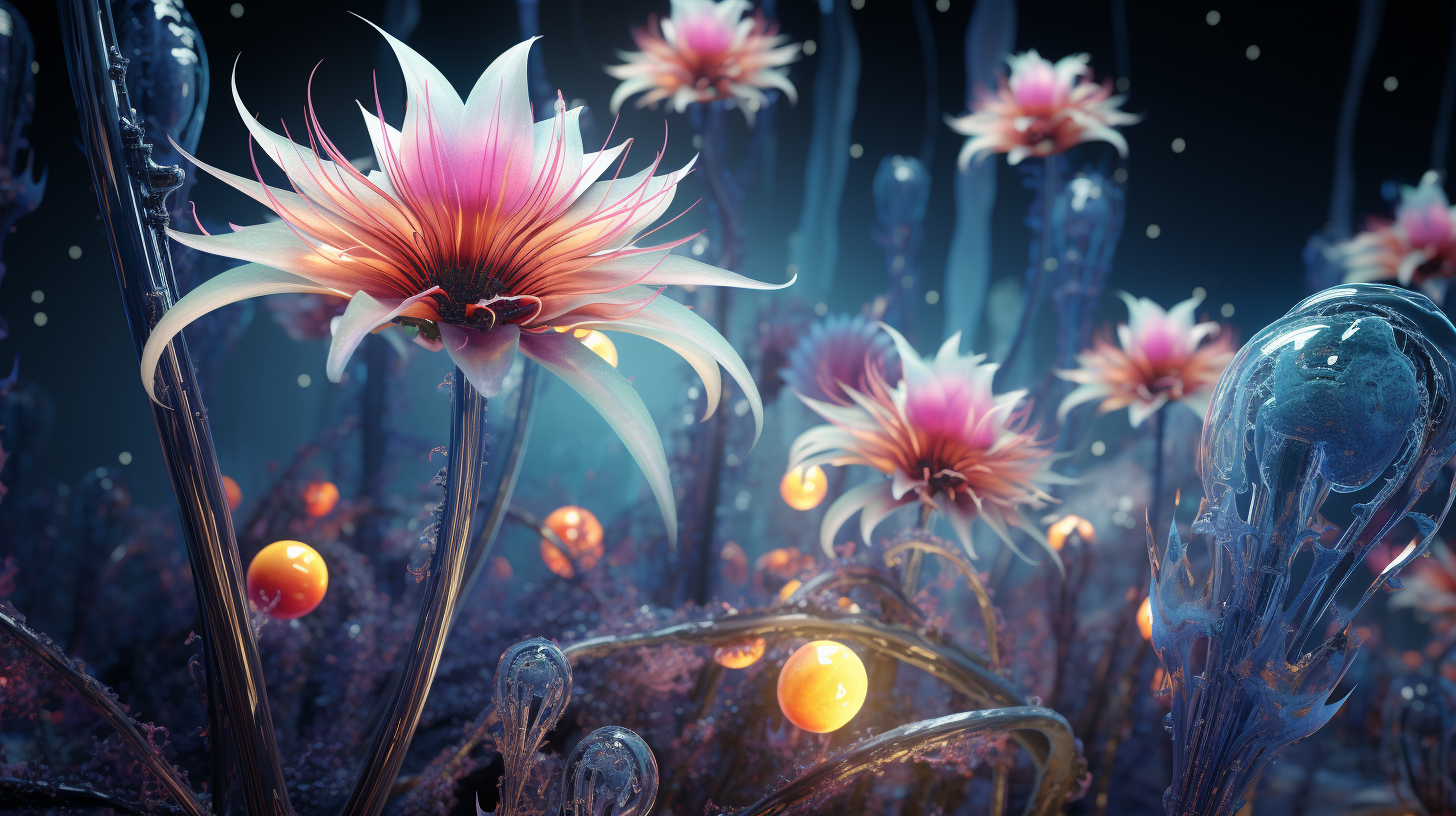 Colorful fantasy alien flowers in vibrant bloom