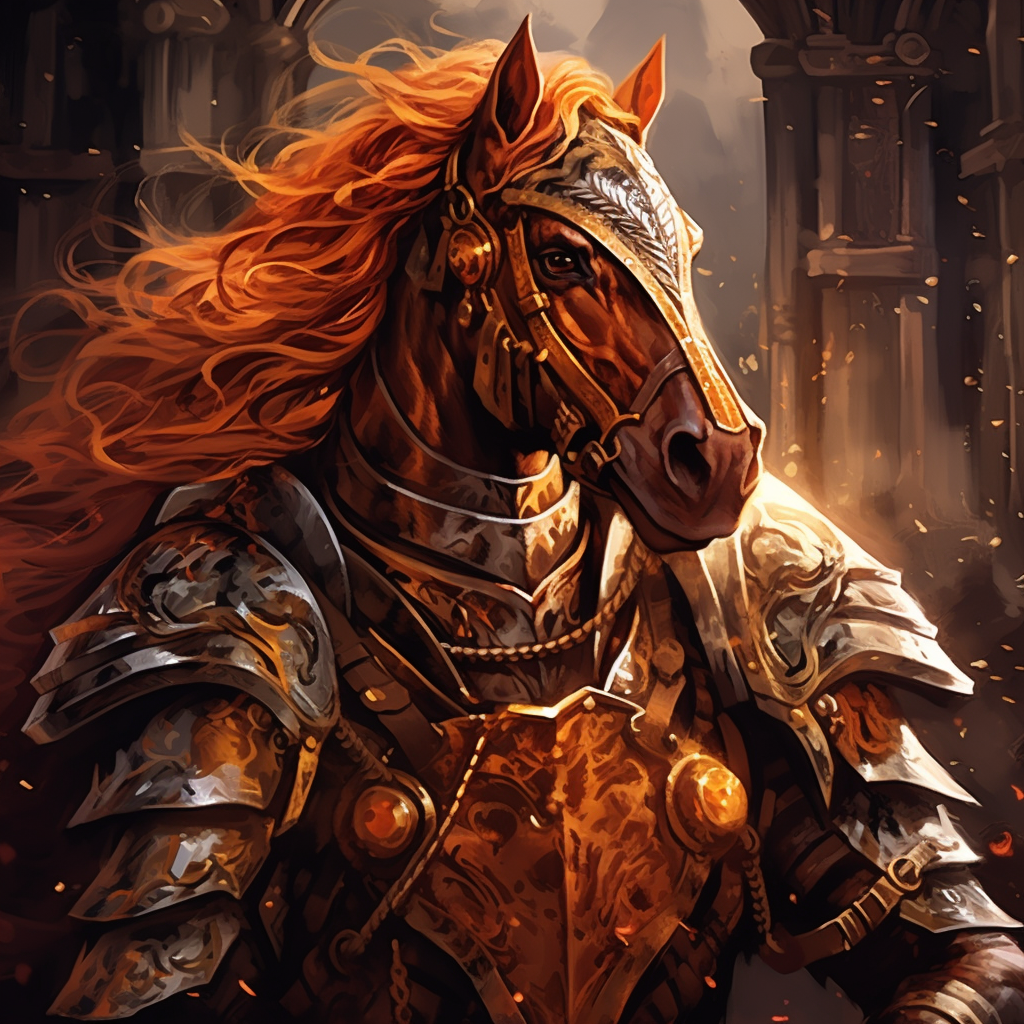 Chestnut war horse in armor