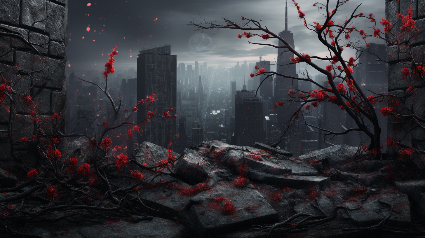 Fantasy atmosphere with dark foliage and red flowers