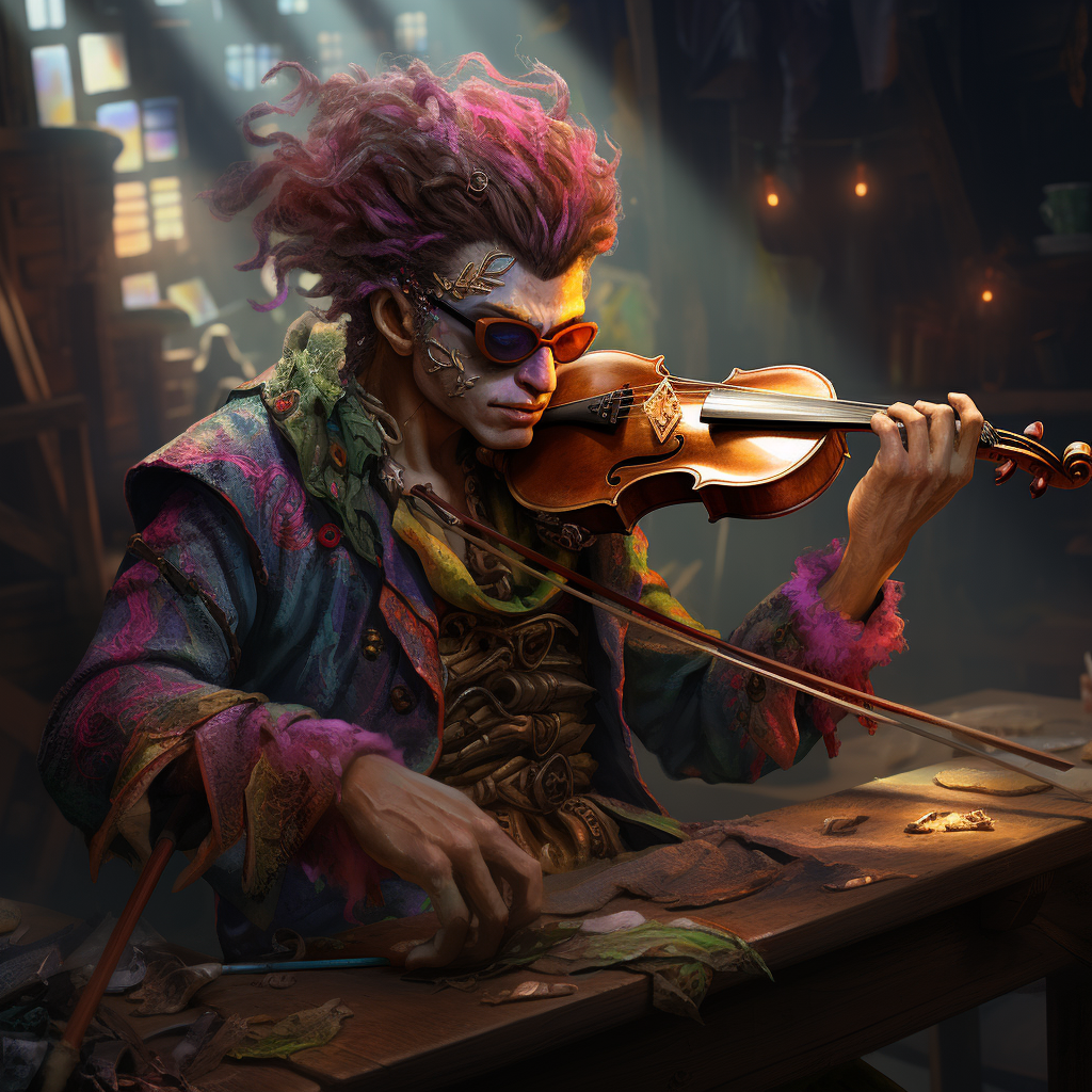 Colorful fantasy bard playing fiddle on table