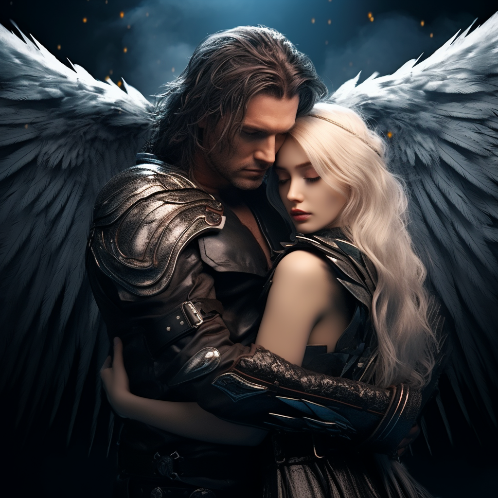 Blonde man embracing woman with beautiful wings