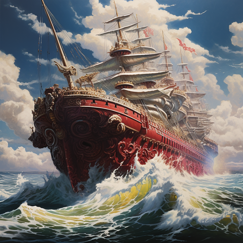 Red and white boat ship painting