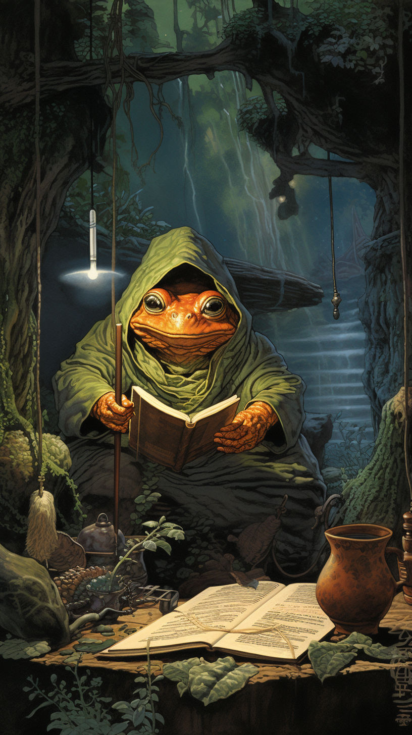 Illustration of a Frog mage finding ingredients