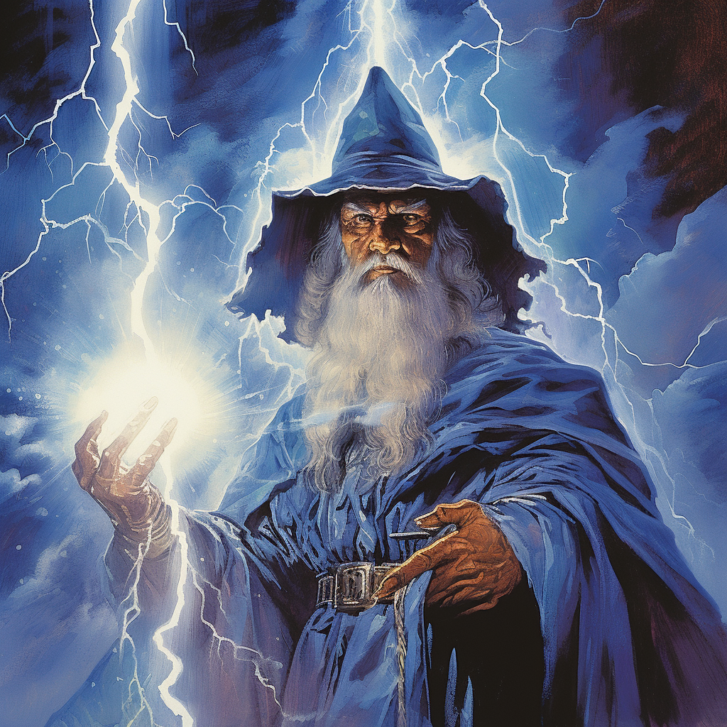 Powerful sorcerer casting lightning spell