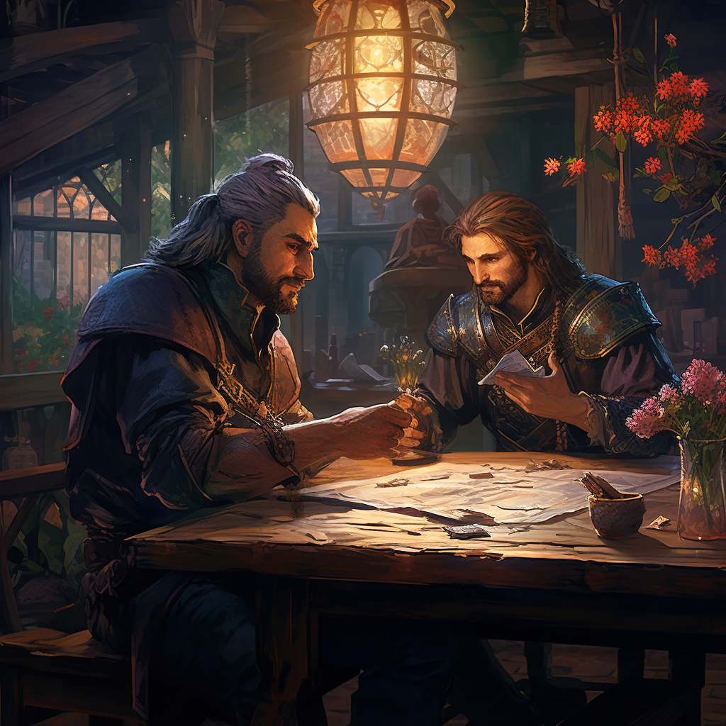 Witcher and Bard in medieval Inn