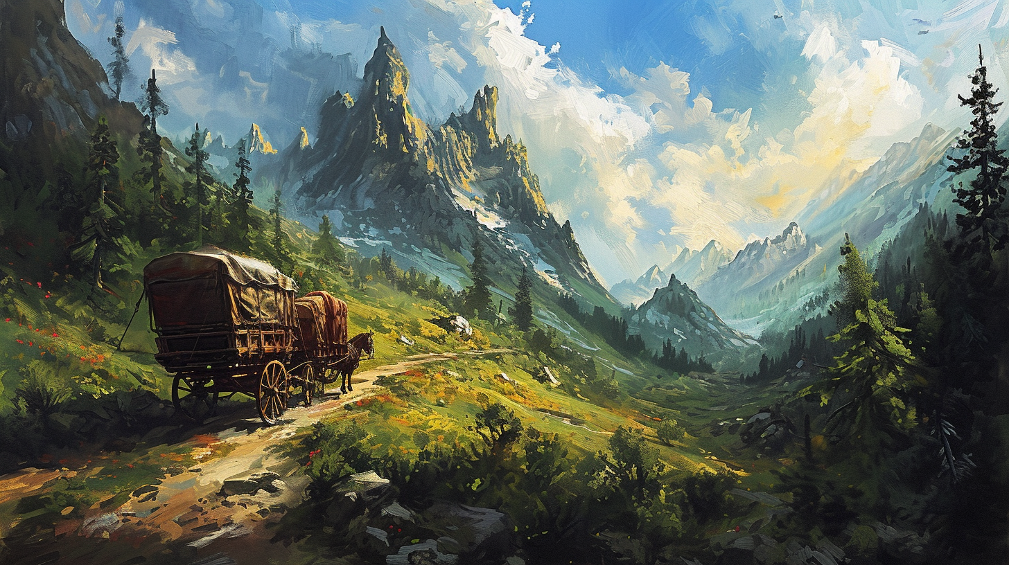 Image of a high fantasy caravan travelling through a burnt mountain forest