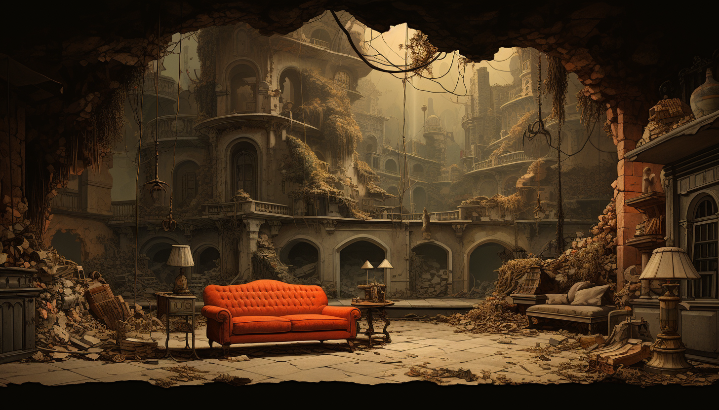 Illustration of an office room in a fantasy castle with couches and a map