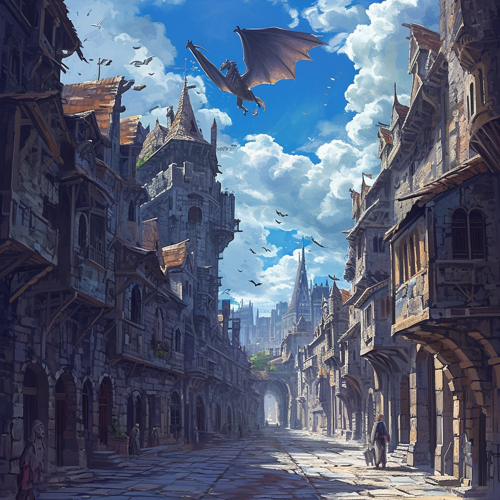 Fantasy city with dragon flying above