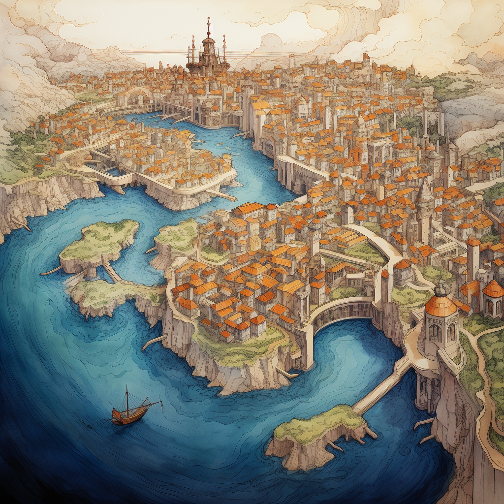 Aerial View of Fantasy Coastal City with Rivers