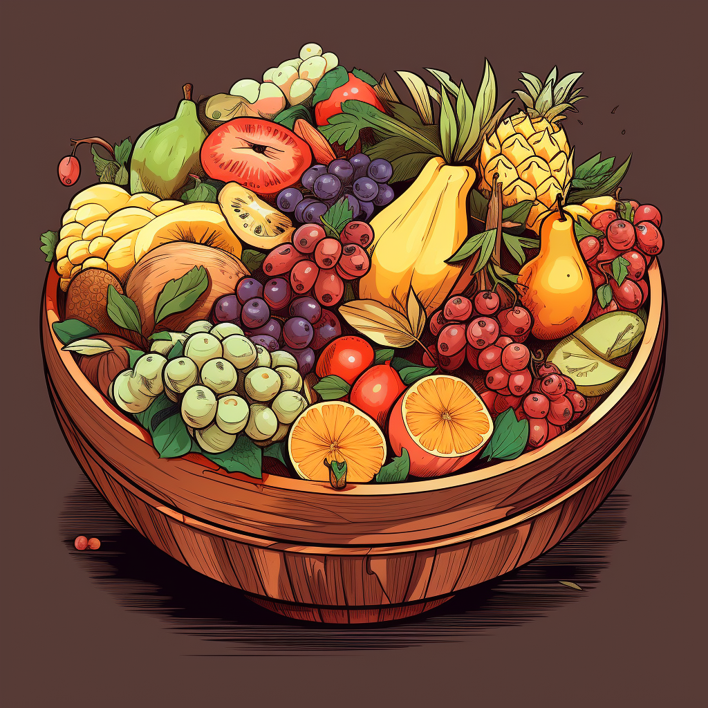 Exotic fruits in wooden bowl illustration