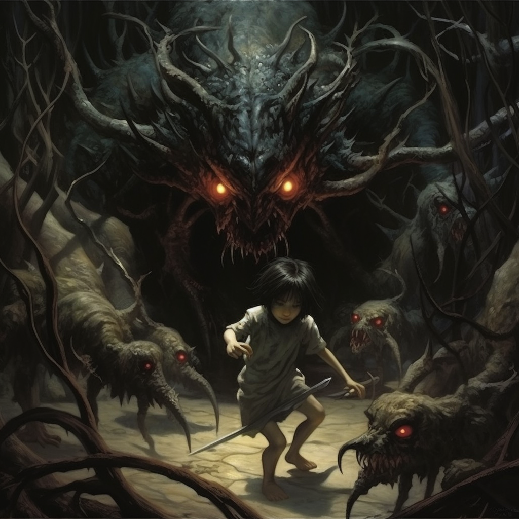 Illustration of dangerous beasts in a dark fantasy wood