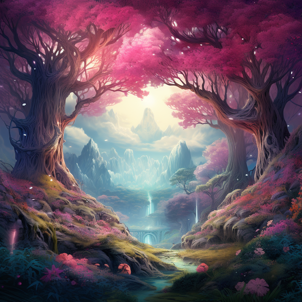 Beautiful fantasy forest with oak trees and magical flowers