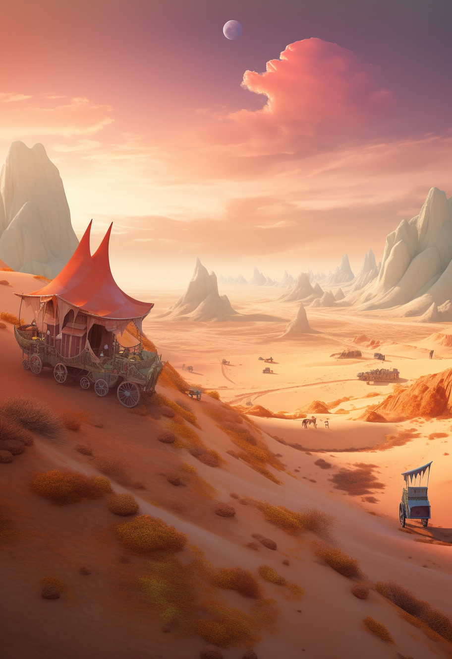 Fantasy desert caravane travelers view