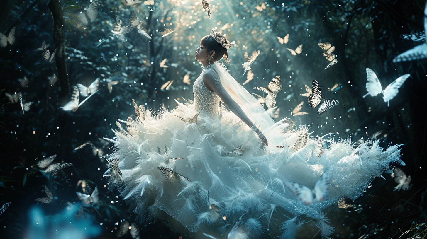 Fantasy fashion model floating with butterflies