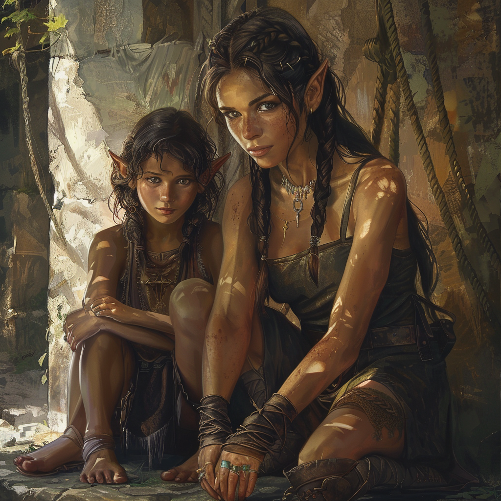 Dark-haired female elf and daughter