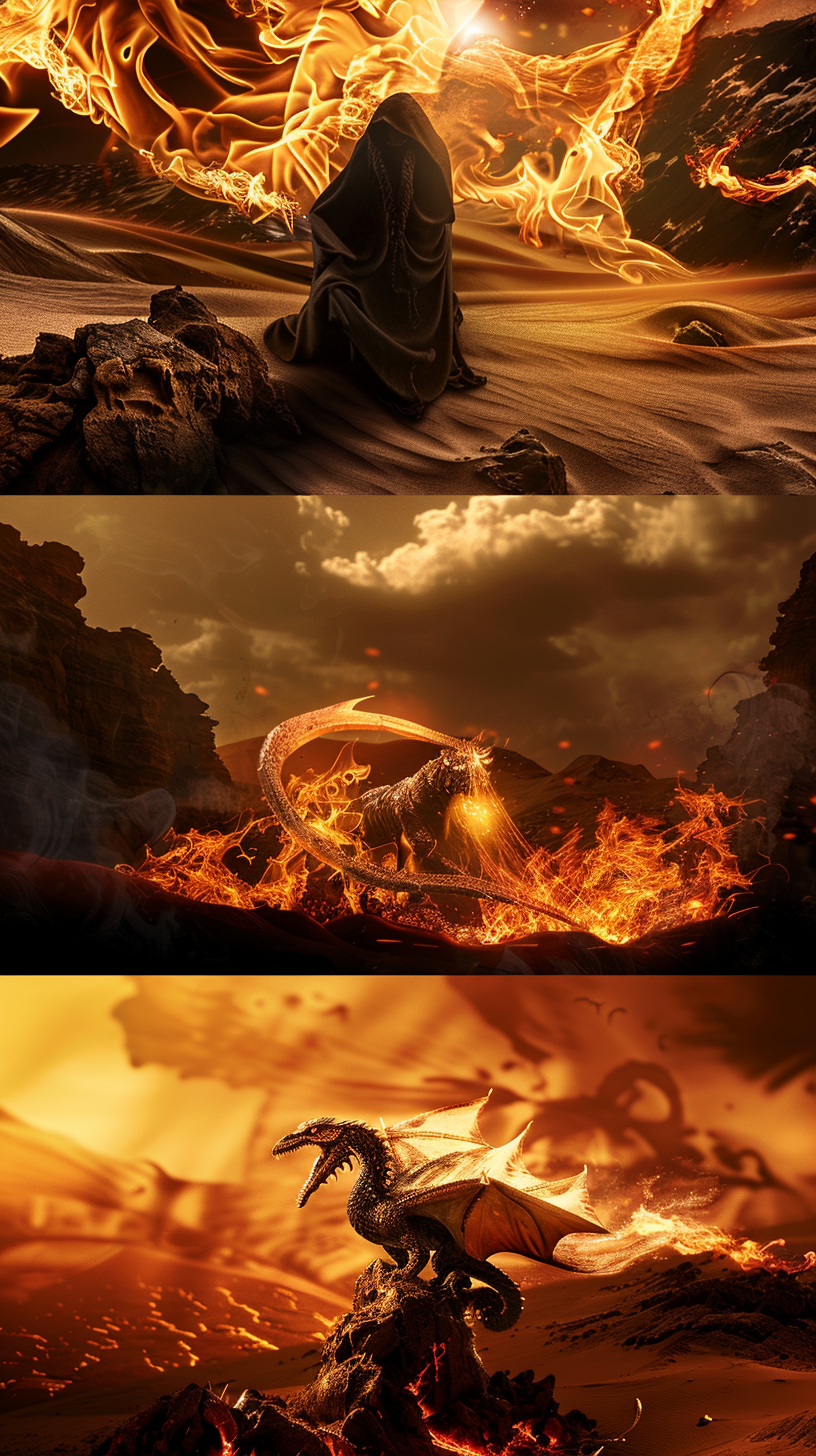 Epic fantasy fire creatures triptych