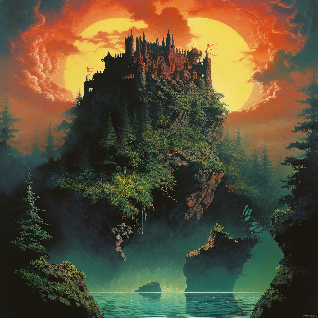 Dark fantasy book cover with floating island castle.