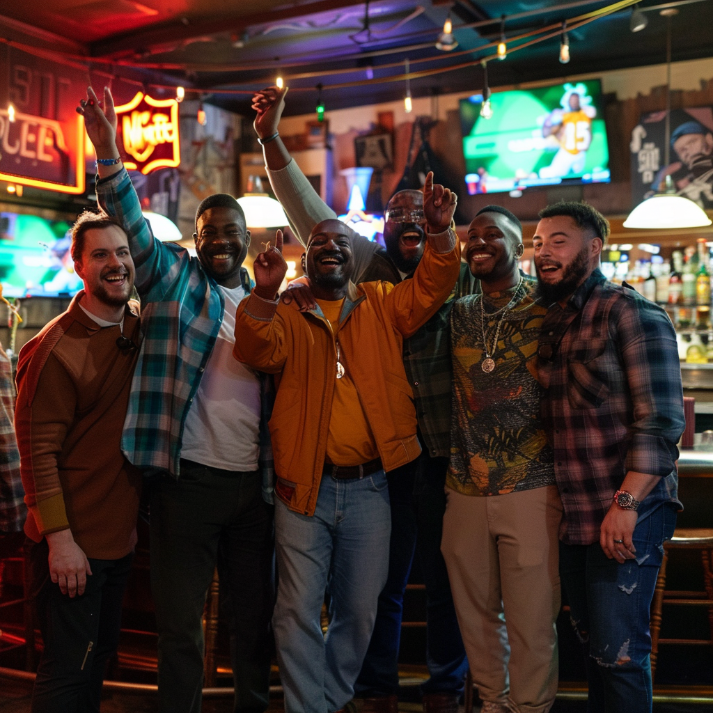 diverse men celebrating football victory