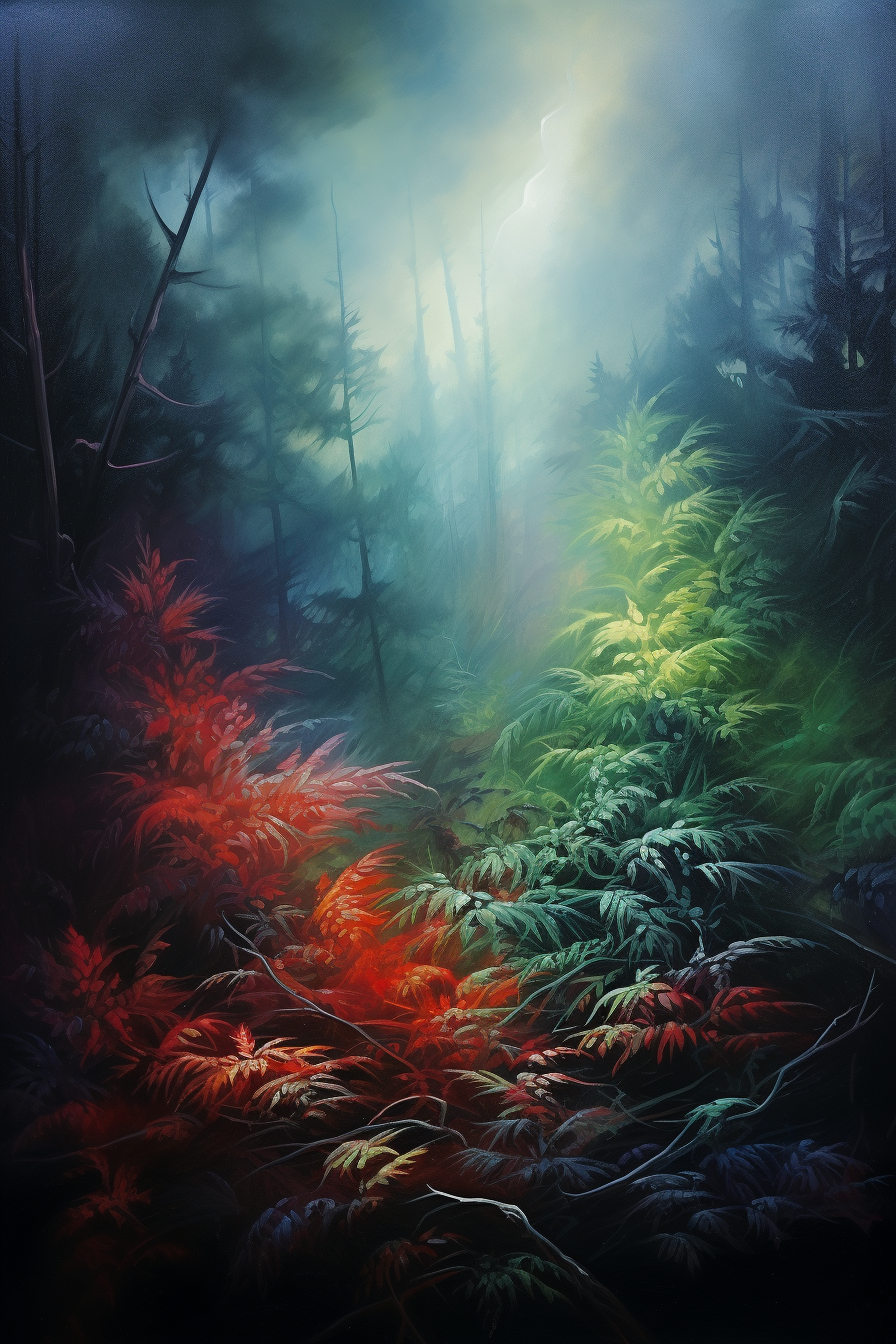 Vivid fantasy forest close-up painting