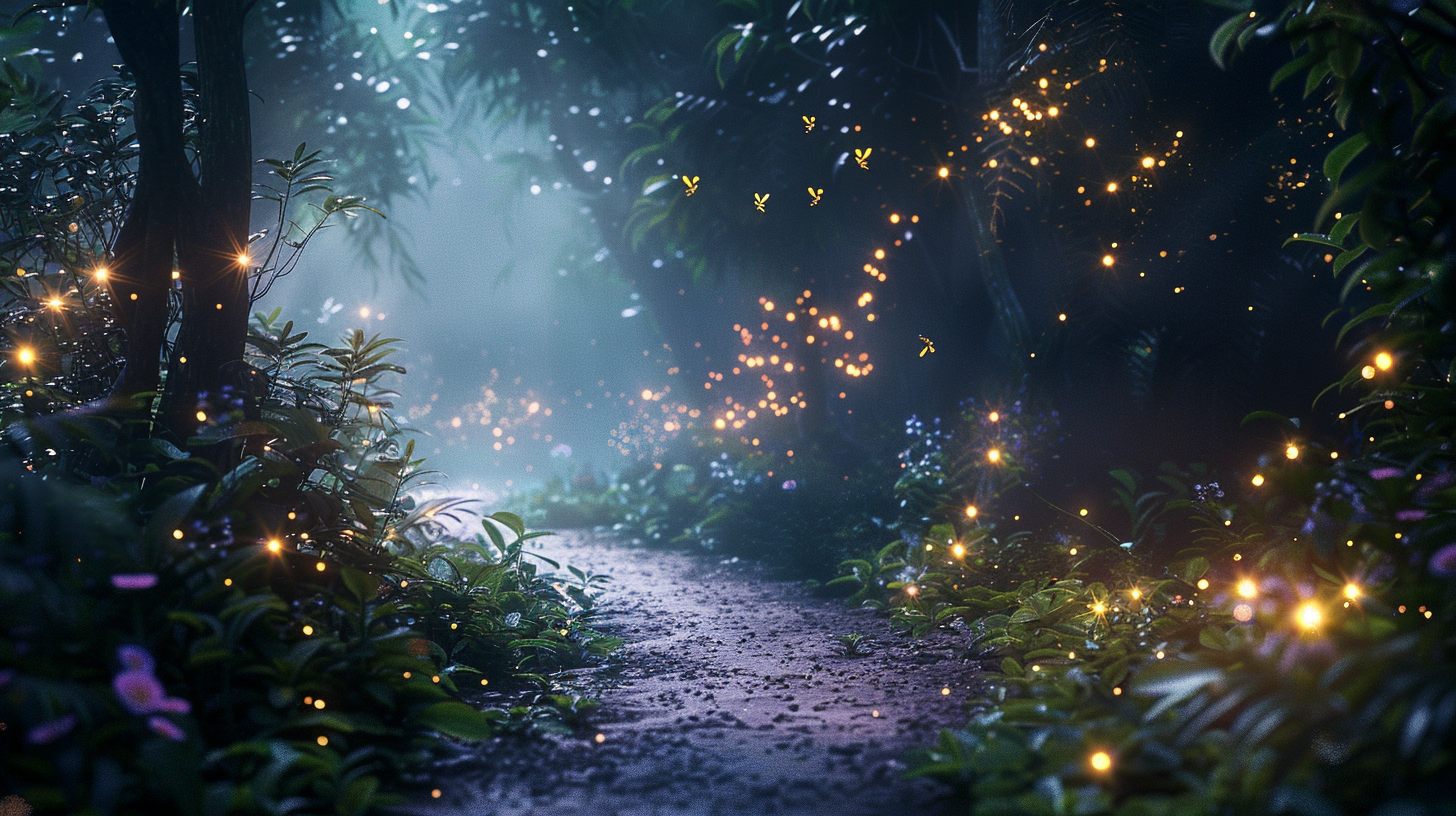 Fantasy forest with glowing fireflies