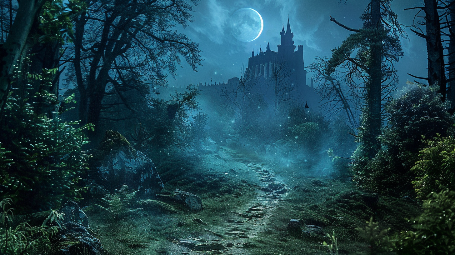 Nighttime fantasy forest path castle