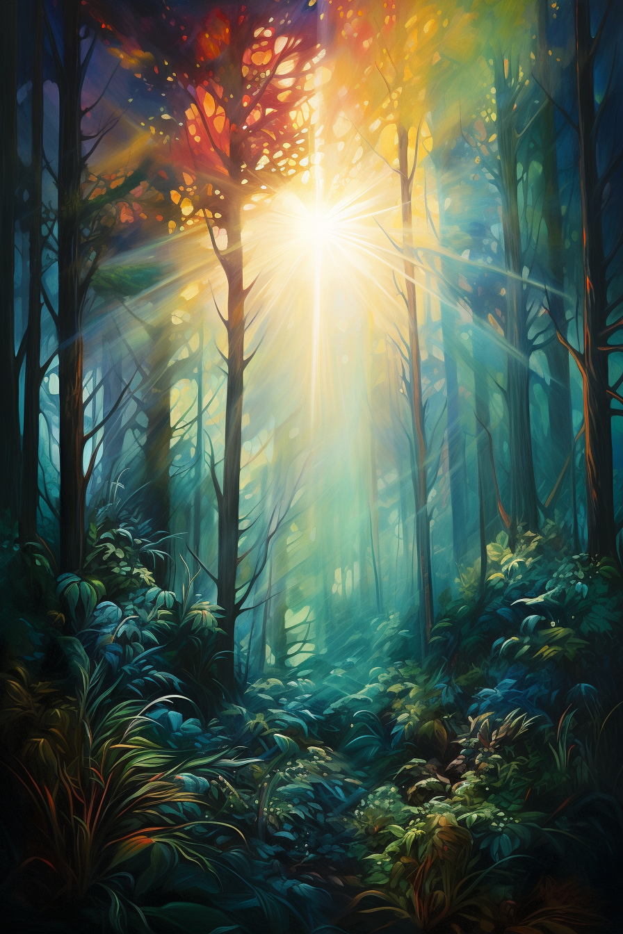 Sun rays shining through forest treetops