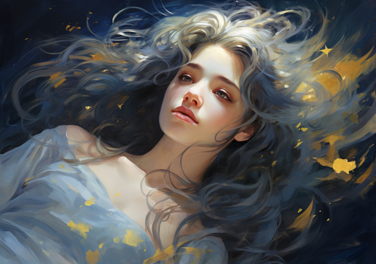 Fantasy girl with moonlit hair and starry sky painting