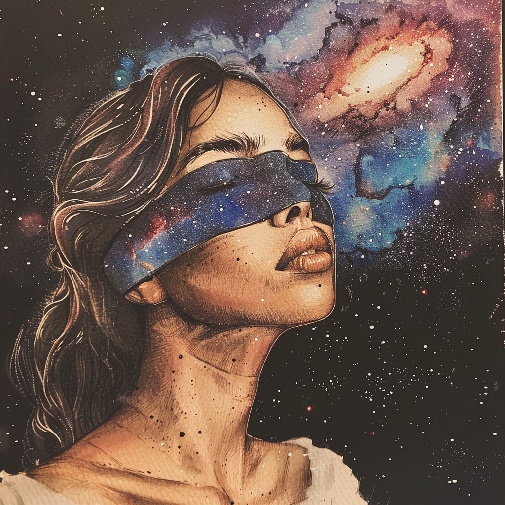 Goddess wearing blindfold with galaxy background