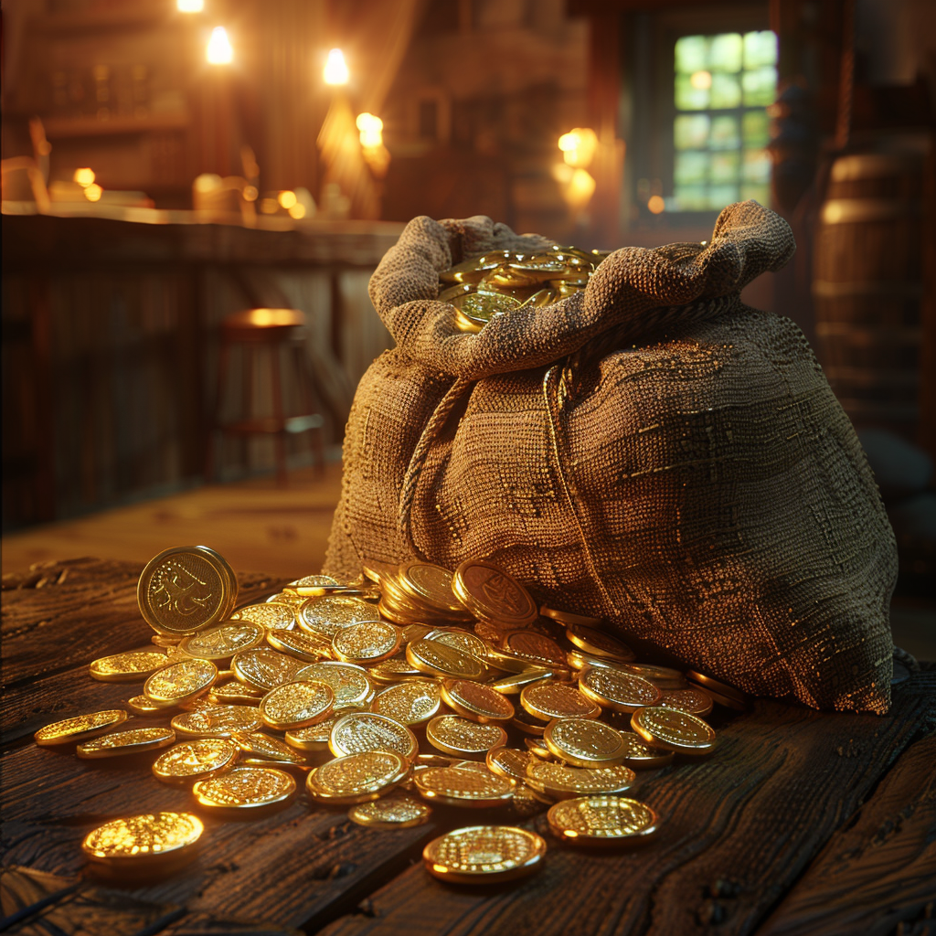 Fantasy gold coins on wooden table