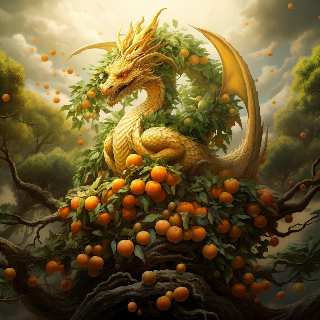 Green dragon and golden oranges