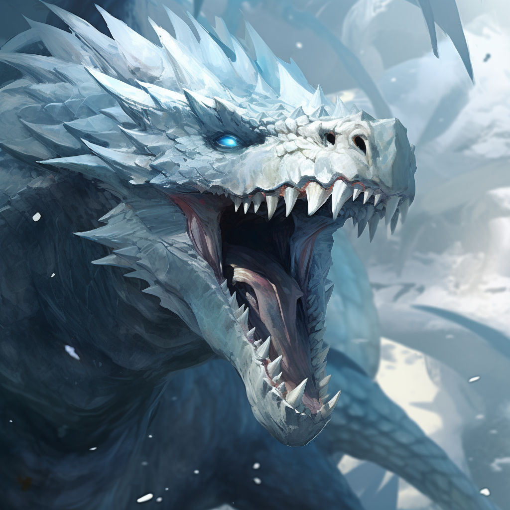 Frozen fantasy ice dragon roaring in blizzard