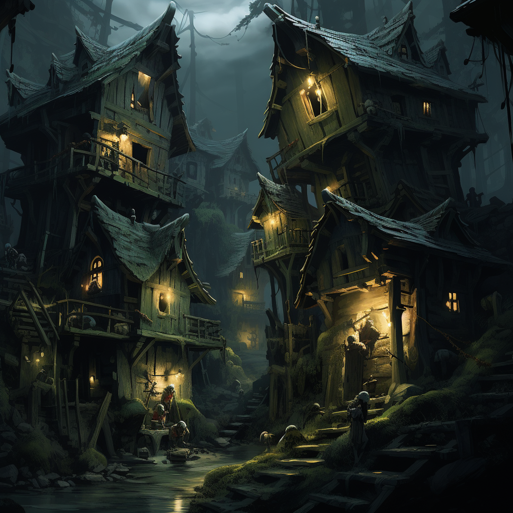 Goblin barracks in a fantastical illustration